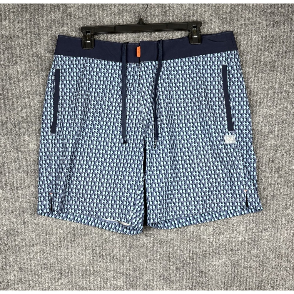 Rhone Point Break Board Shorts Mens 33 Blue Geometric Swim Trunks 7" Stretch